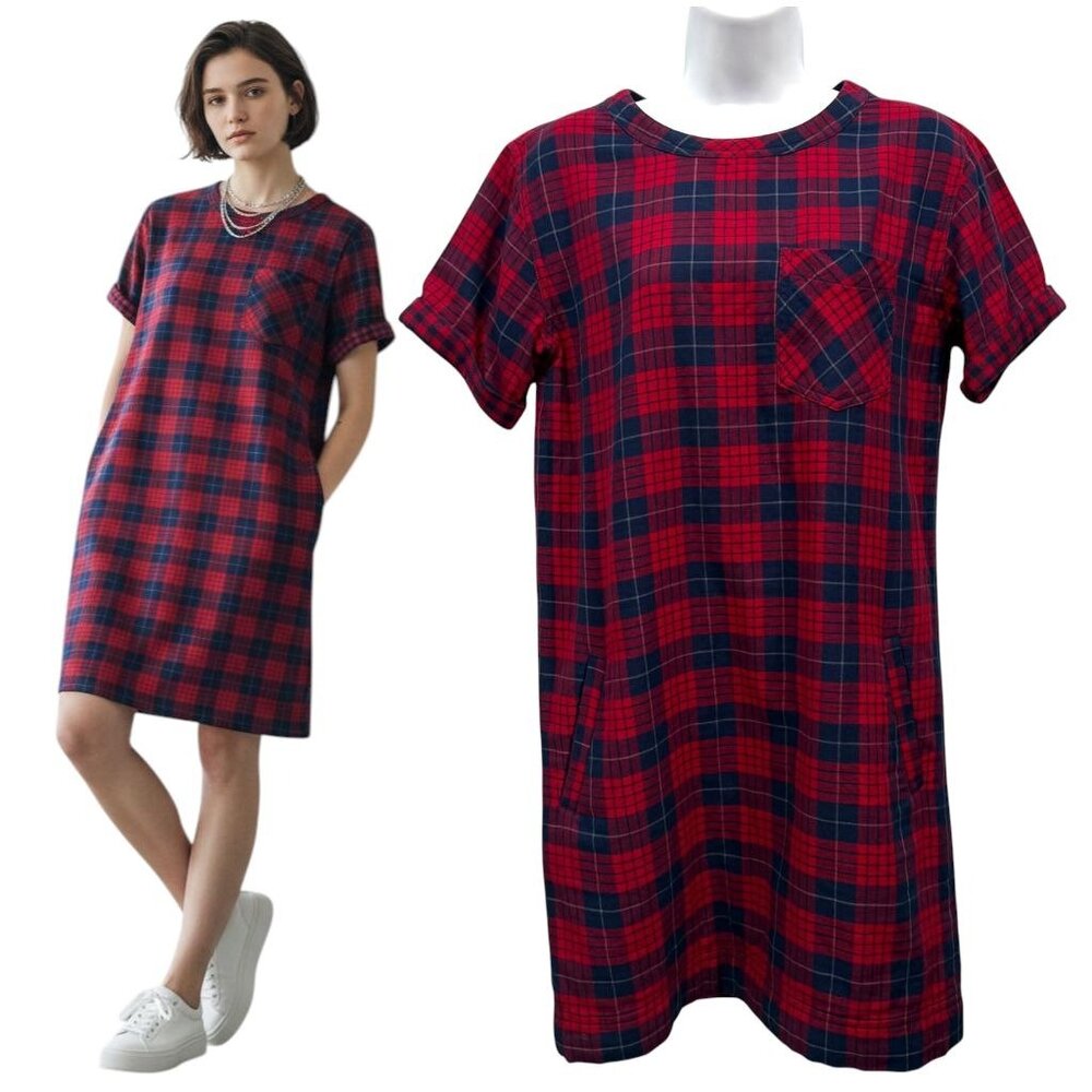 Madewell Edina Short Sleeve Plaid Shift Dress Red Blue  Preppy Academia Size XXS